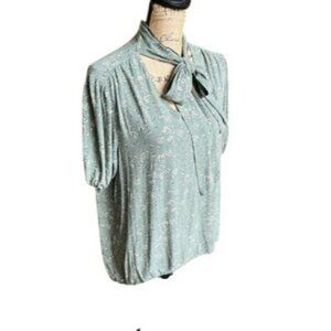 Alison Andrews Womens Floral Print Tie-Neck Blouse Short Sleeve Lightweight Sz L